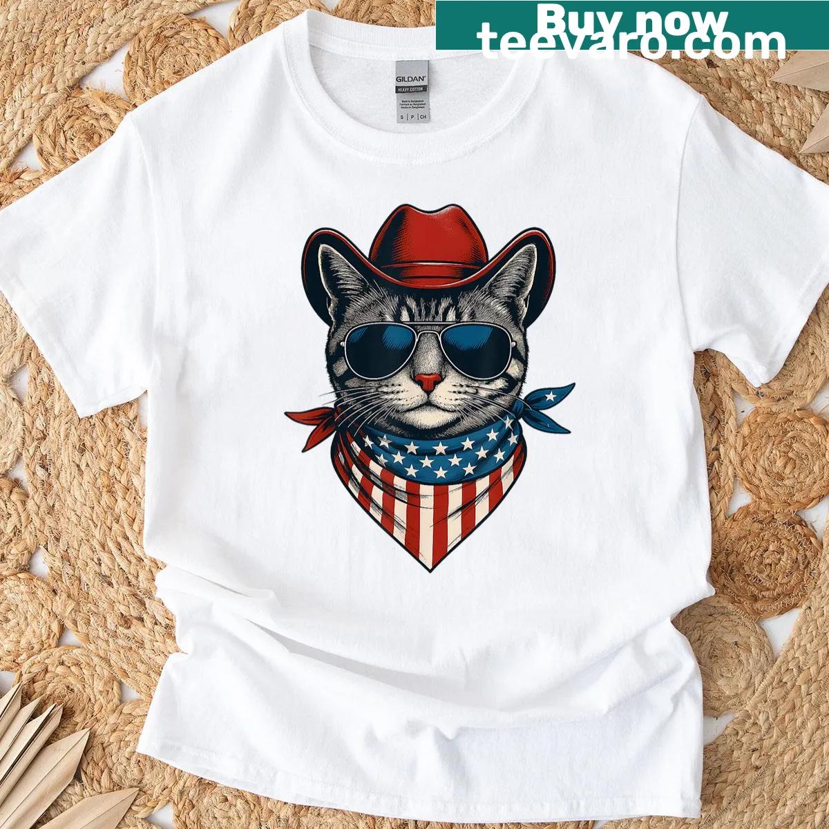 Patriotic T-shirt featuring a cat design for the Fourth of July. — on a men's t-shirt