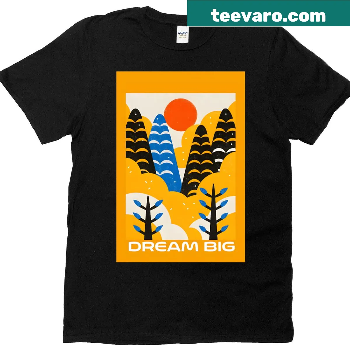 Illustrative landscape T-shirt with red sun and inspirational message — on a men's t-shirt