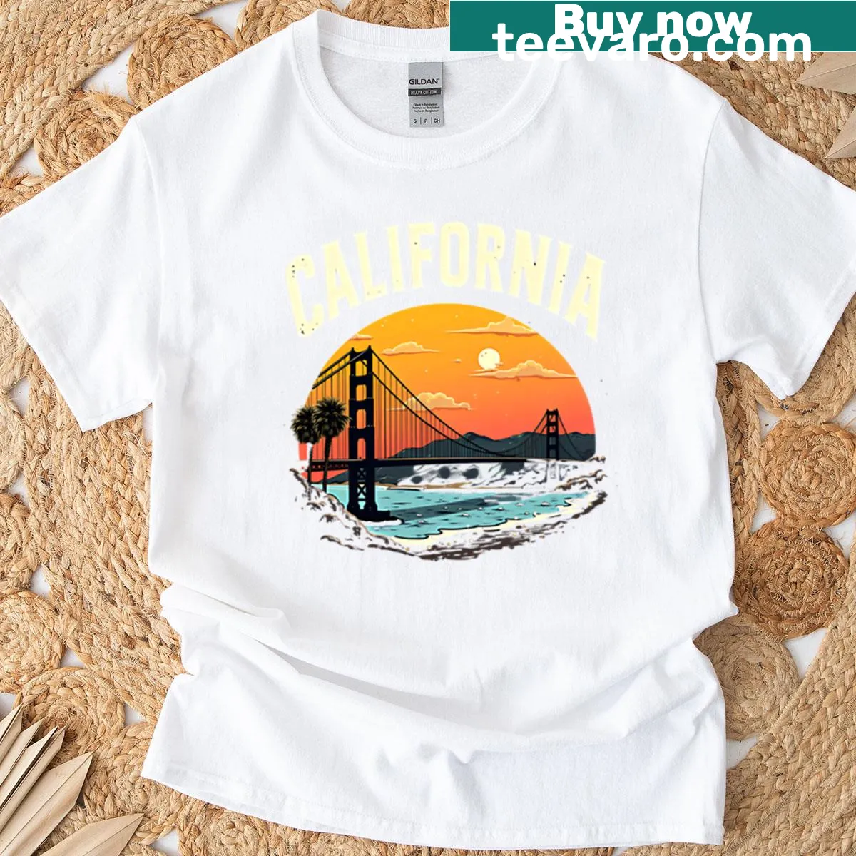 Vintage California Sunset T-shirt featuring a serene sunset design — on a men's t-shirt