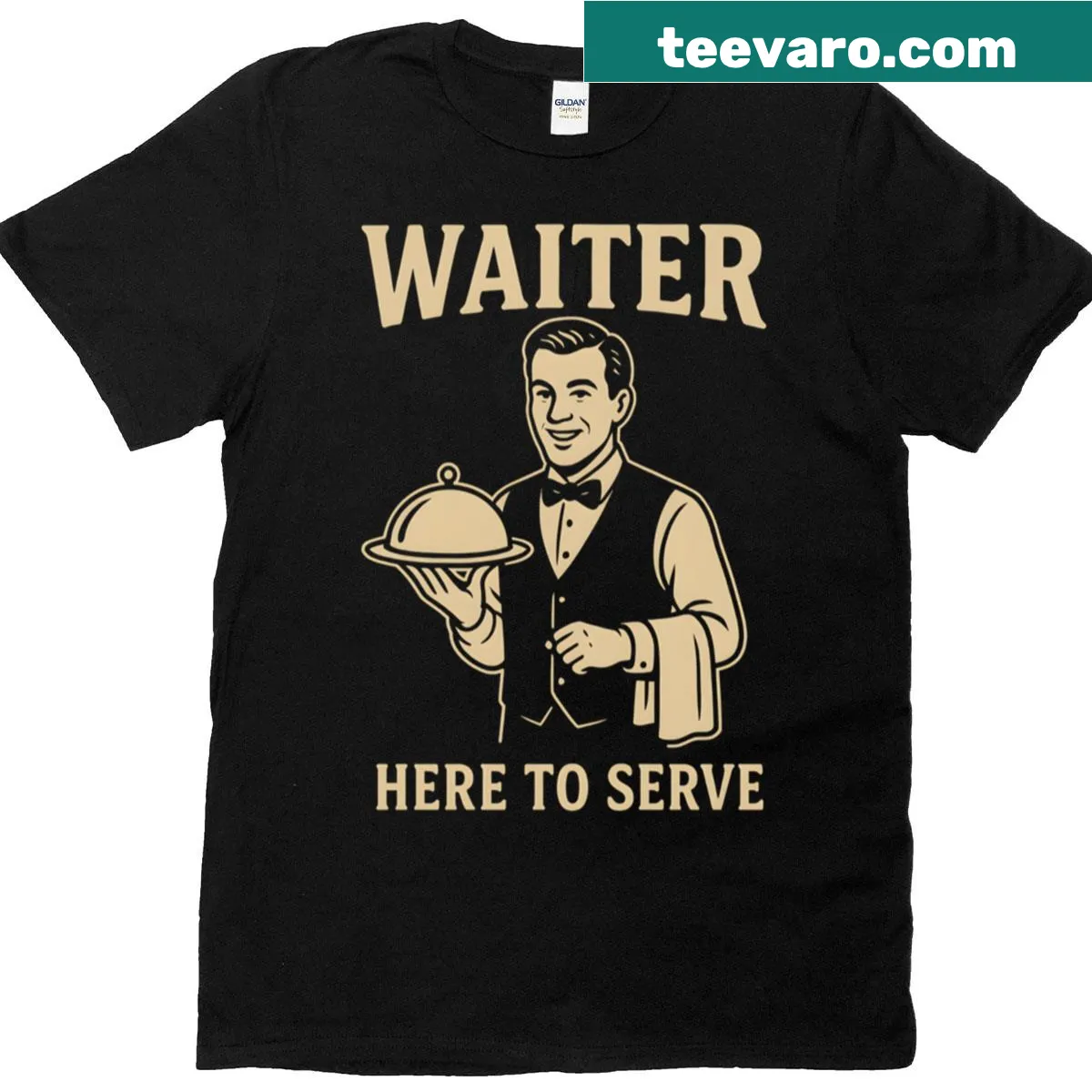 Vintage t-shirt with 'Here To Serve With A Smile' for service industry — on a men's t-shirt