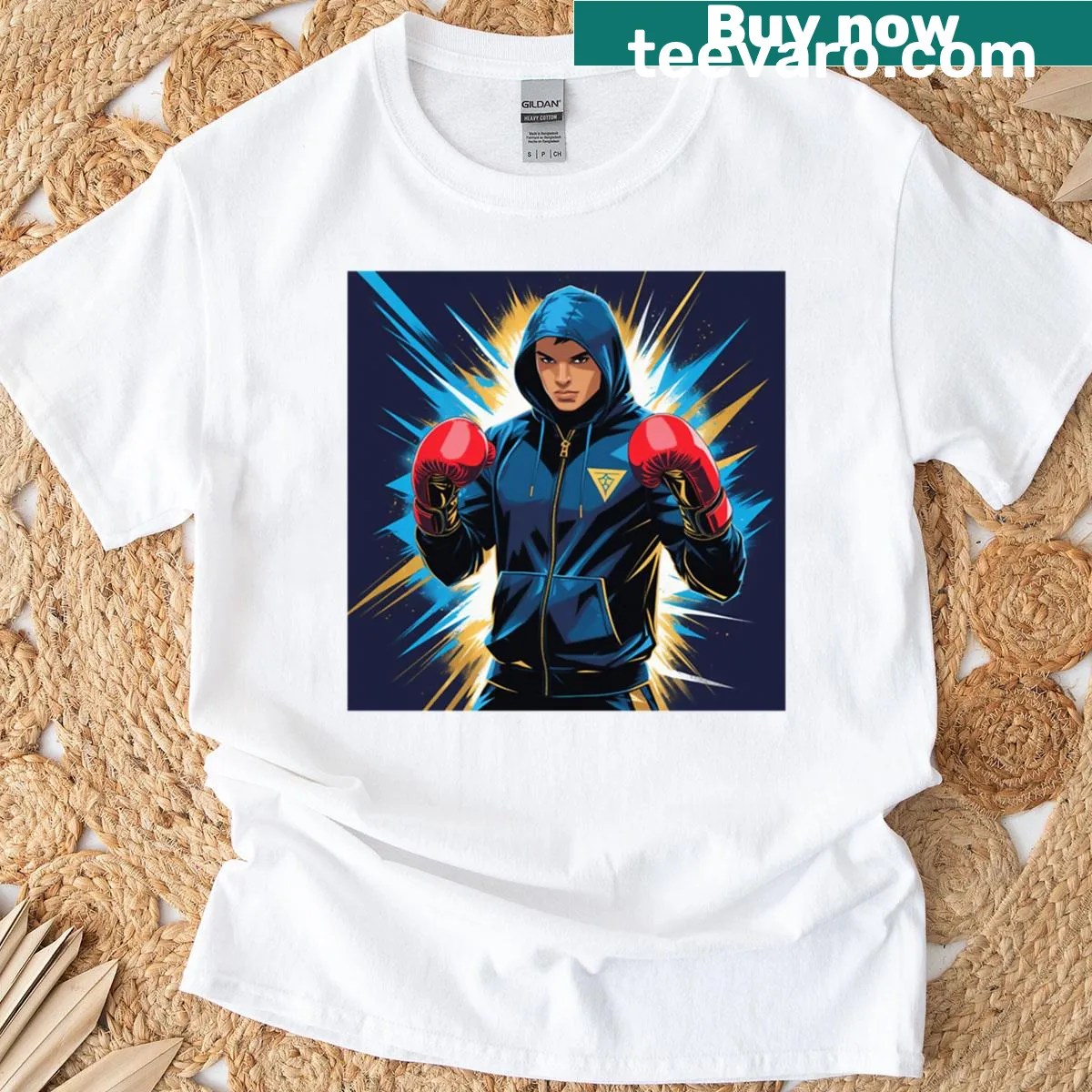 Dynamic boxing fighter graphic on a sports-themed T-shirt — on a men's t-shirt