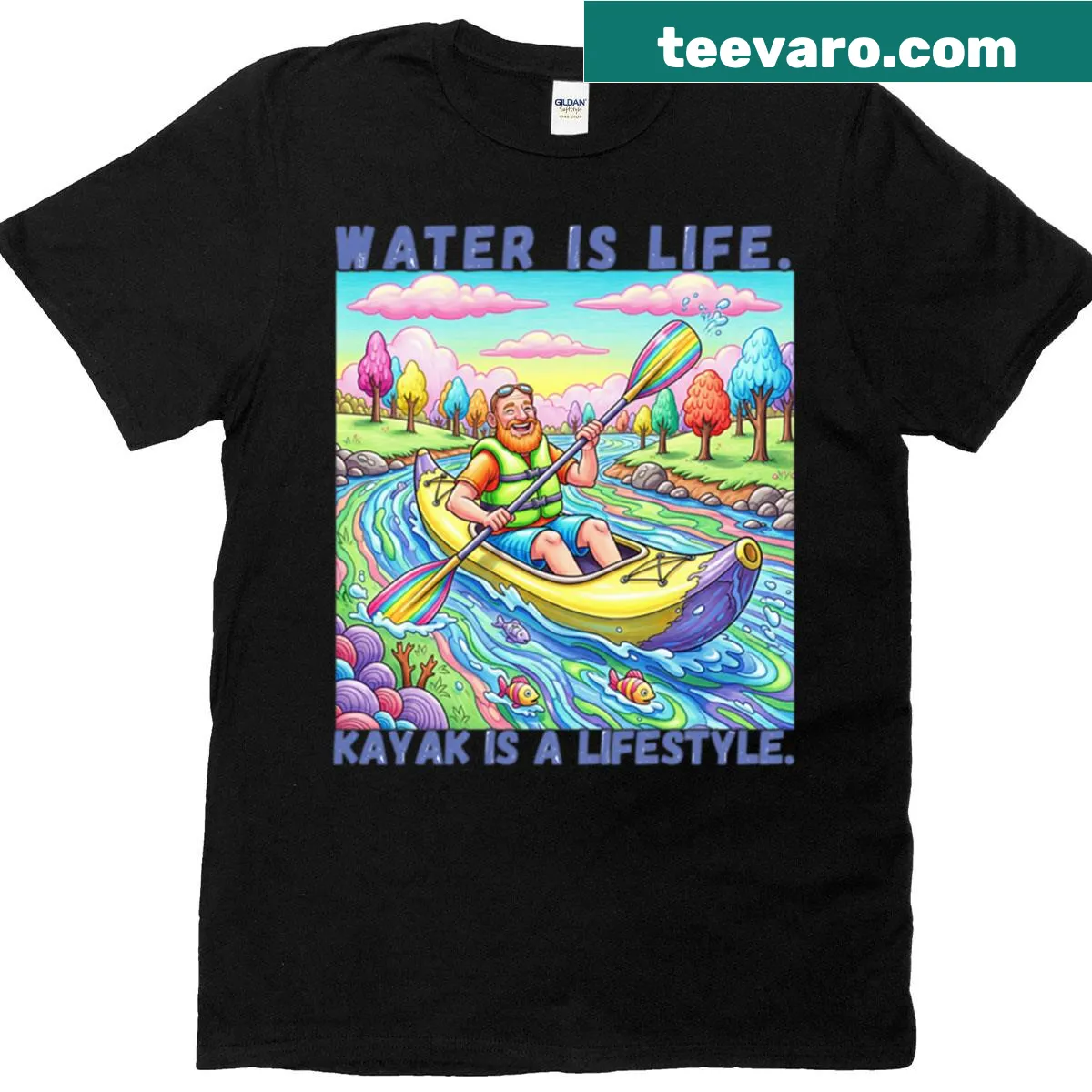 Illustrative Water Is Life Kayak Is A Lifestyle t-shirt — on a men's t-shirt