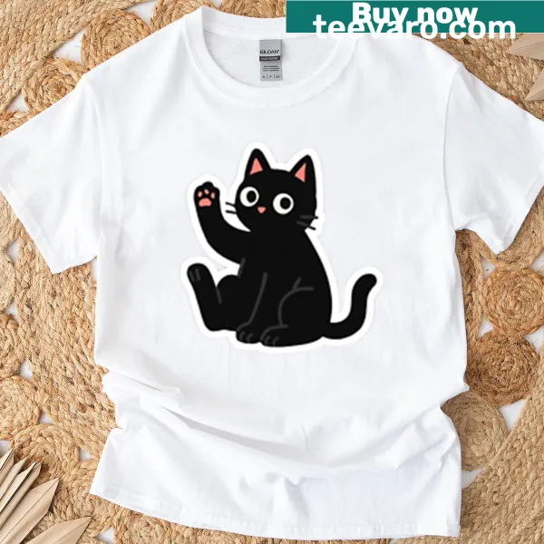 Waving black cat graphic T-shirt with friendly paw sticker design