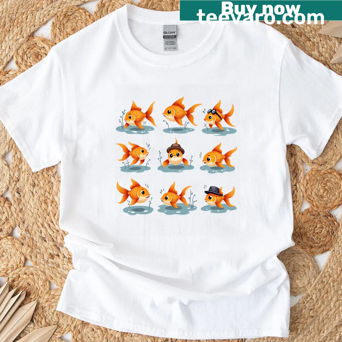 Oversized T-shirt with whimsical goldfish illustrations for fish lovers — on a men's t-shirt