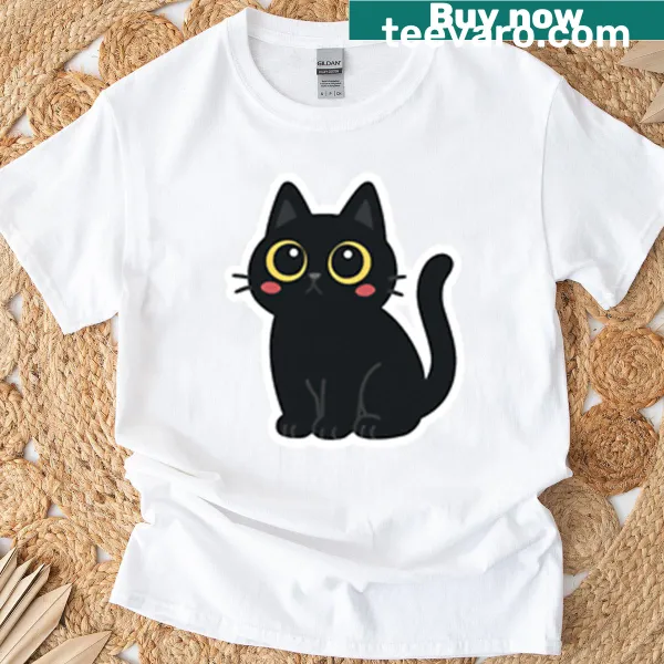 Cute T-shirt featuring an illustration of a wide-eyed black cat.