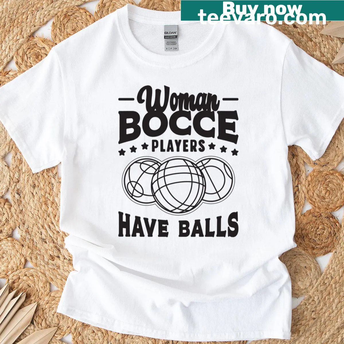 T-shirt with 'Women Bocce Players Have Balls' playful phrase — on a men's t-shirt
