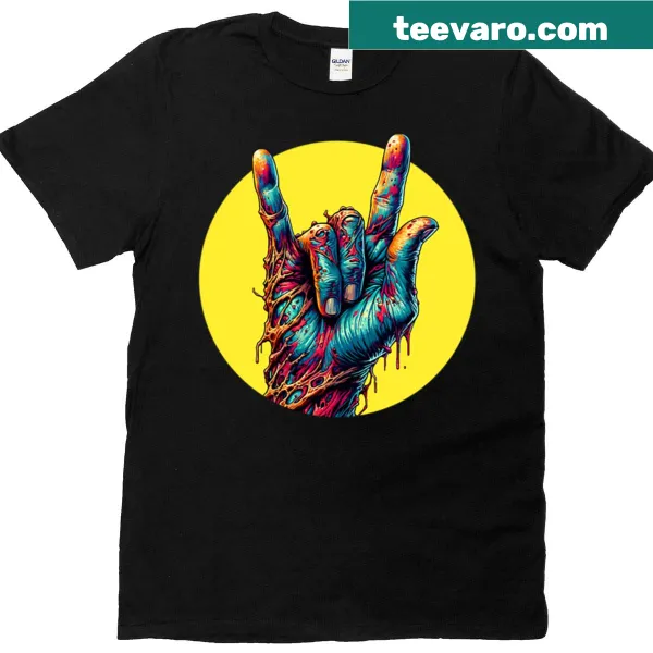 Zombie hand breaking through the ground graphic on a t-shirt