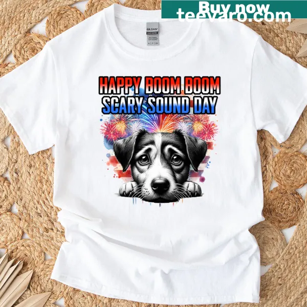 Funny T-shirt with dog and fireworks graphic for Fourth of July