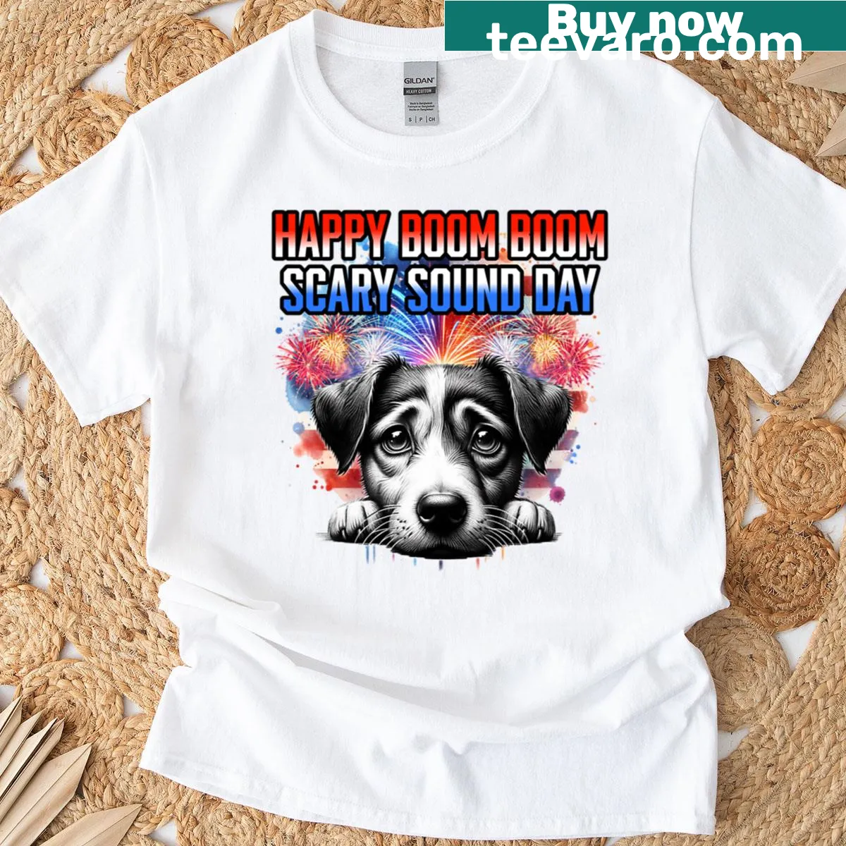 Funny T-shirt with dog and fireworks graphic for Fourth of July — on a men's t-shirt