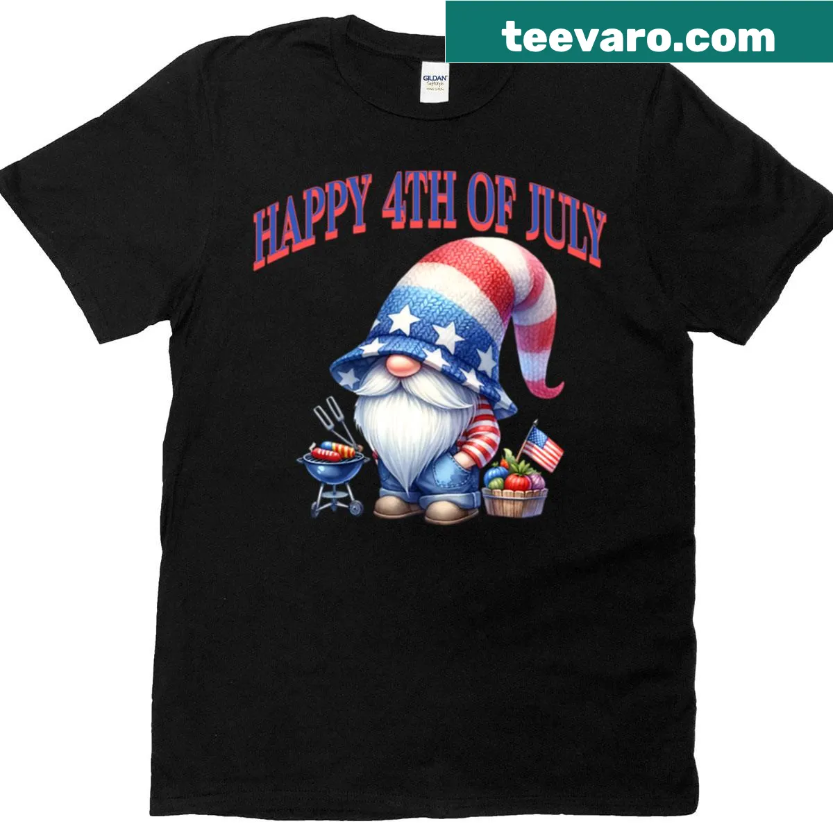 Fourth of July T-shirt with a festive gnome design. — on a men's t-shirt