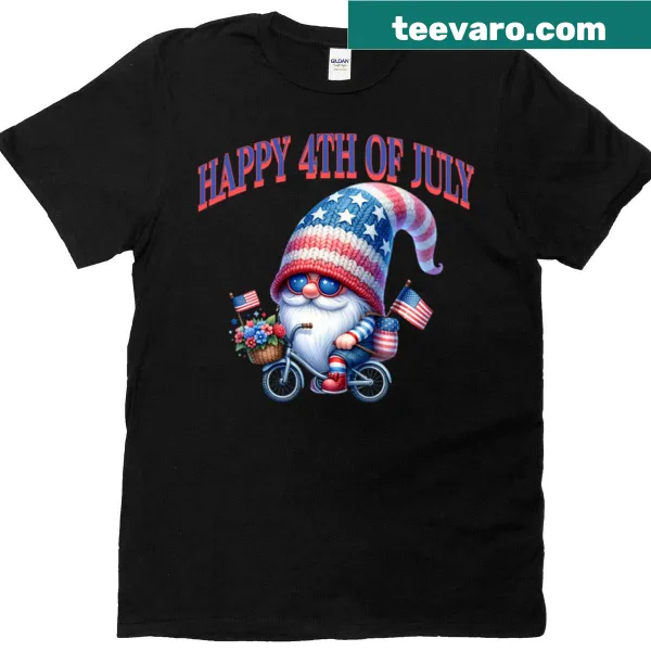 Gnome riding a bicycle with text celebrating the Fourth of July