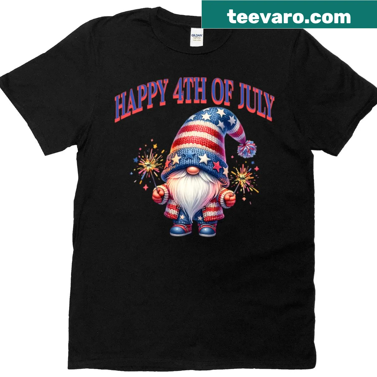 Cute 4th of July gnome with fireworks t-shirt — on a men's t-shirt