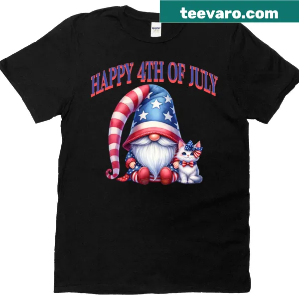 Cute gnome with kitty cat 4th of July t-shirt