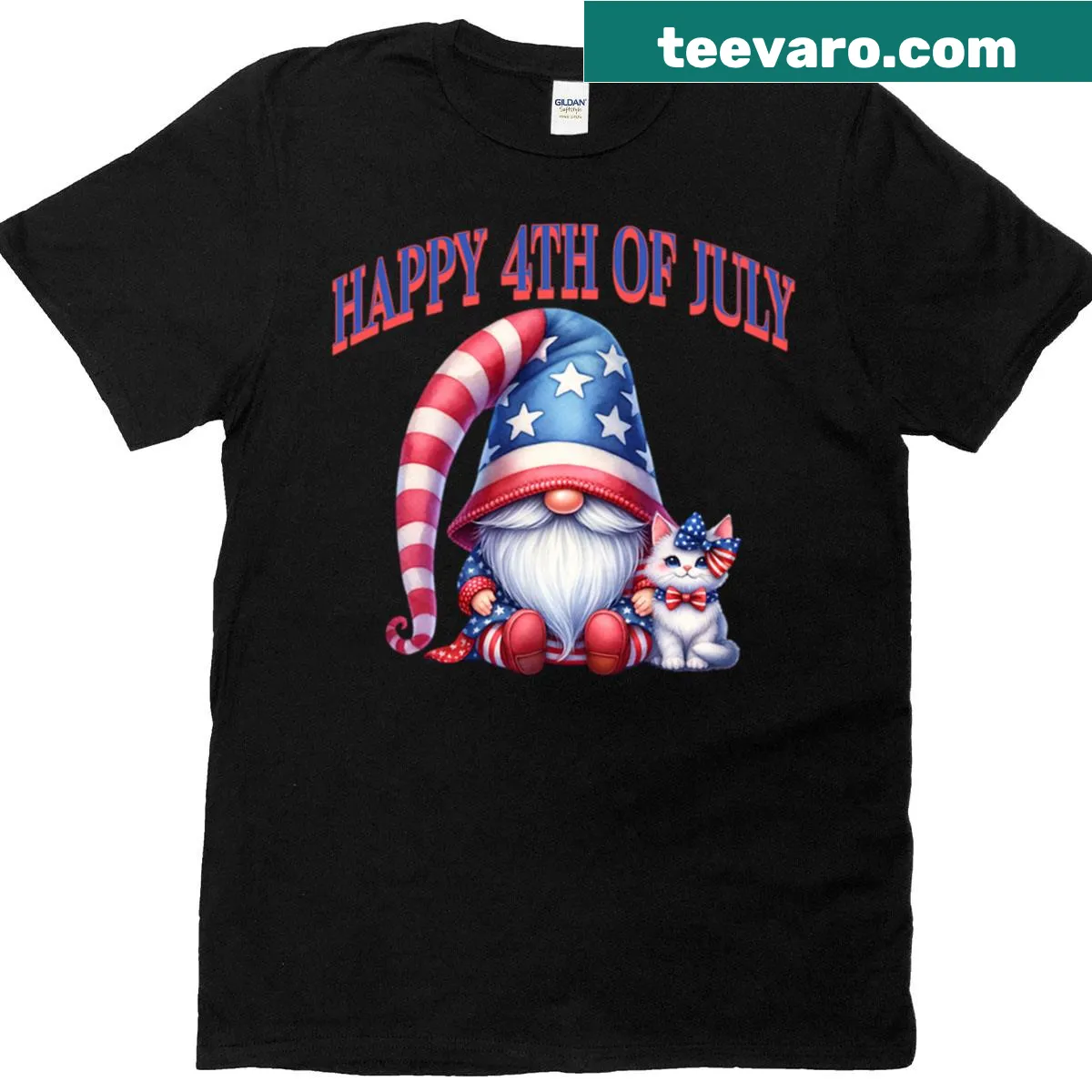 Cute gnome with kitty cat 4th of July t-shirt — on a men's t-shirt