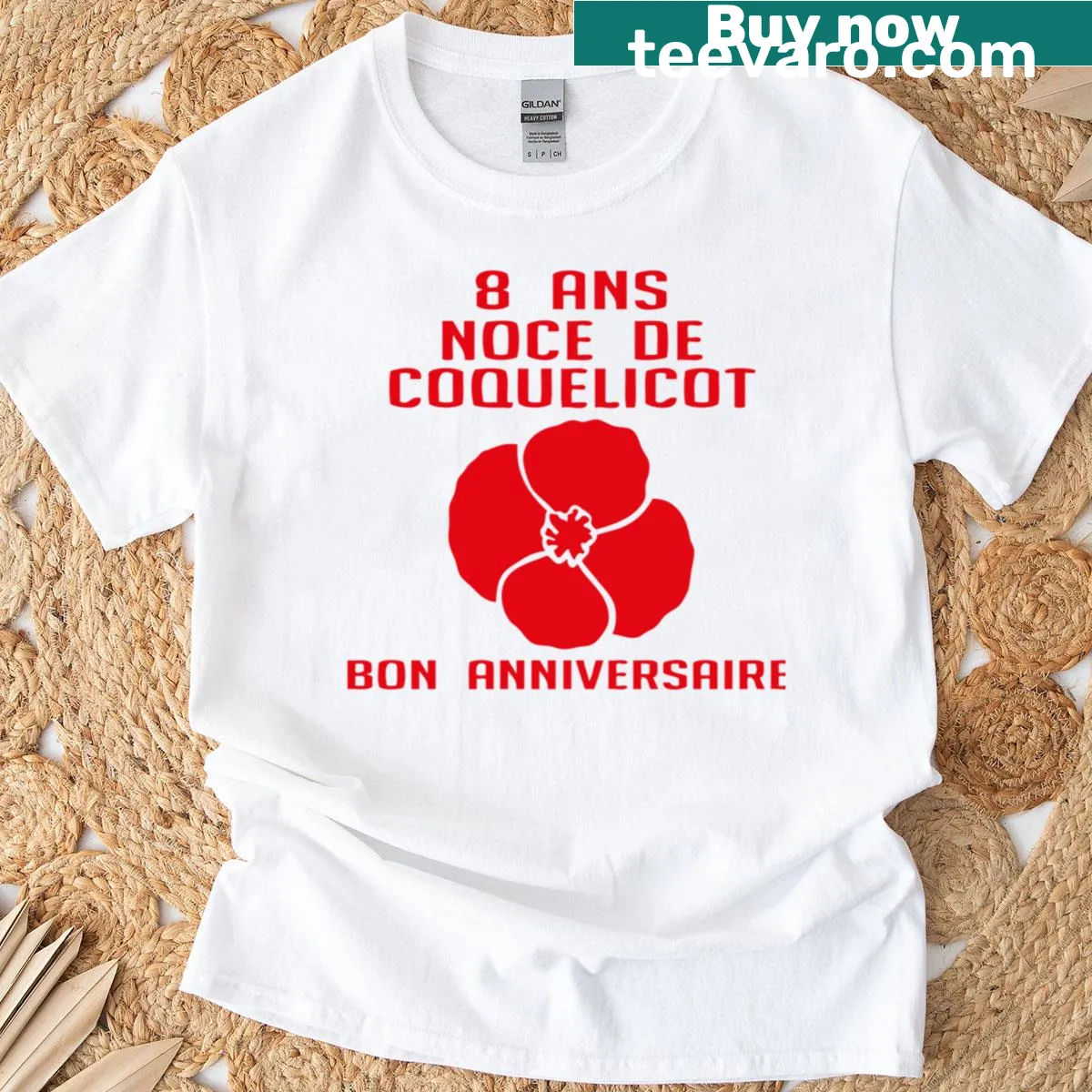 T-shirt celebrating 8 years of marriage with a poppy theme — on a men's t-shirt