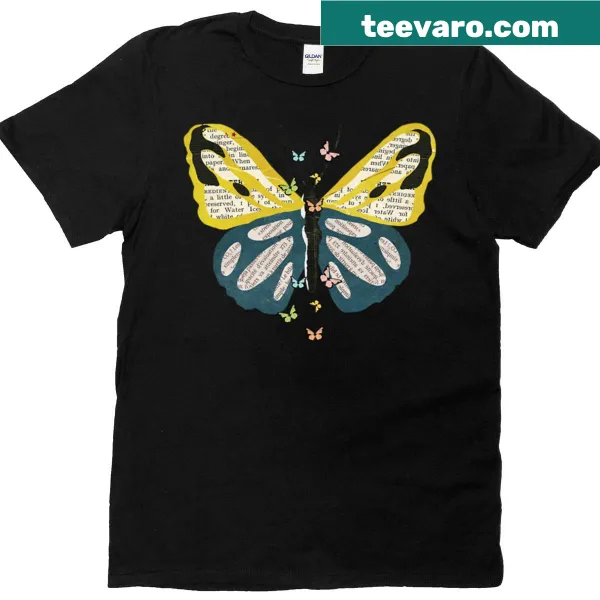 Butterfly design made of newspaper clippings on a t-shirt