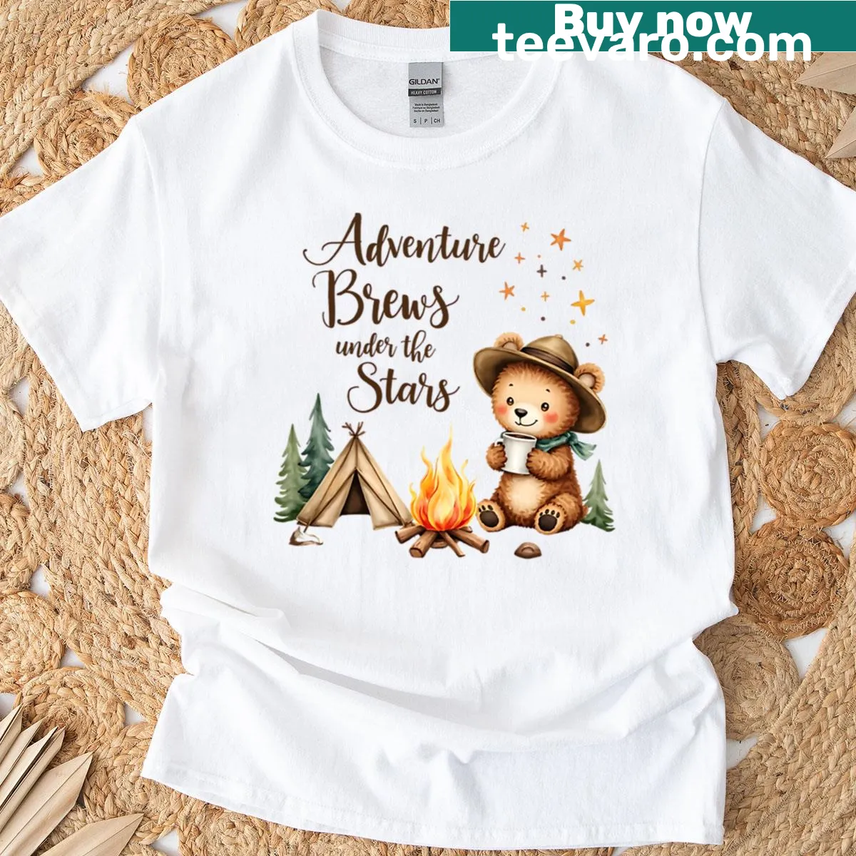 Camping coffee t-shirt with bear illustration — on a men's t-shirt