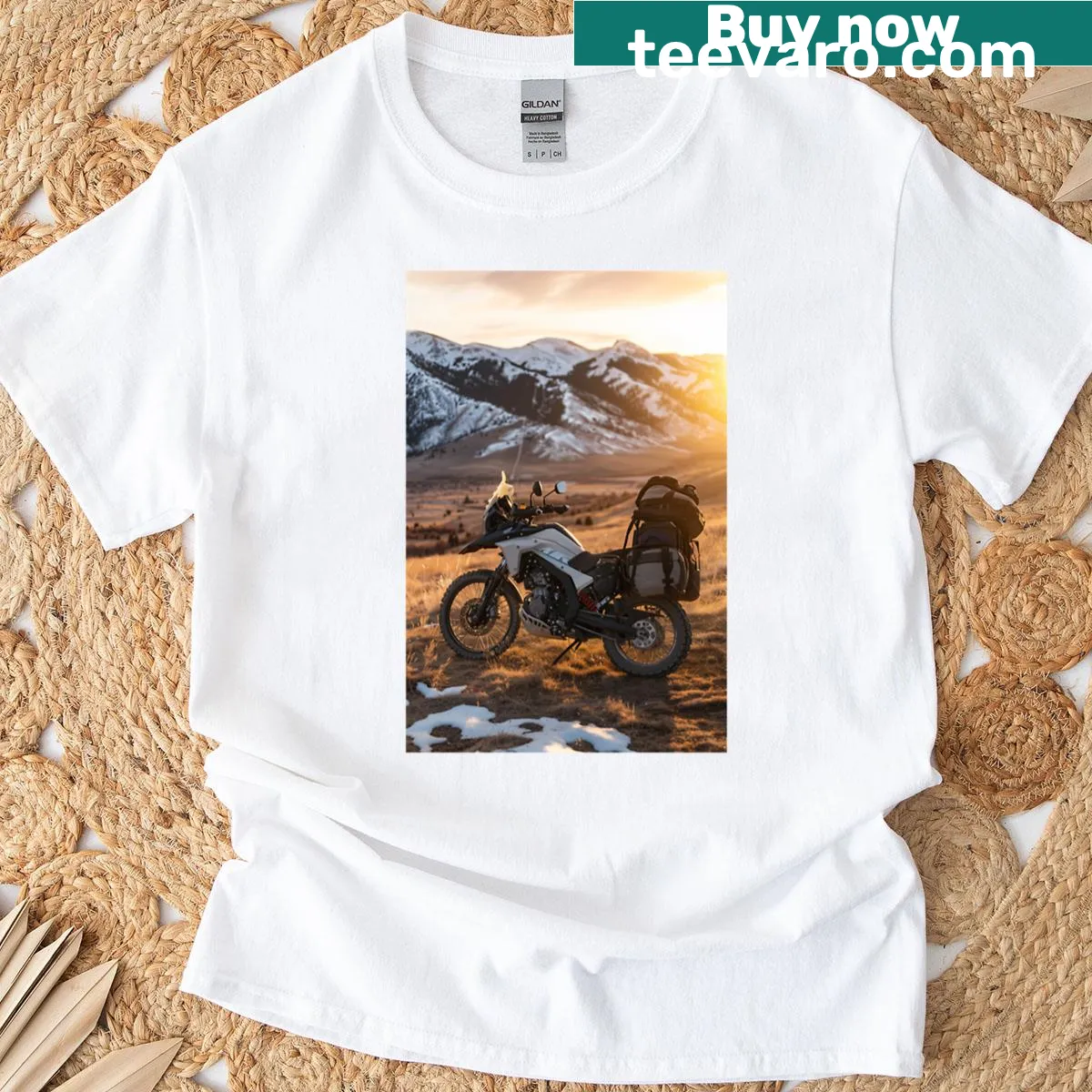 Travel photography t-shirt featuring motorcycle at sunset — on a men's t-shirt