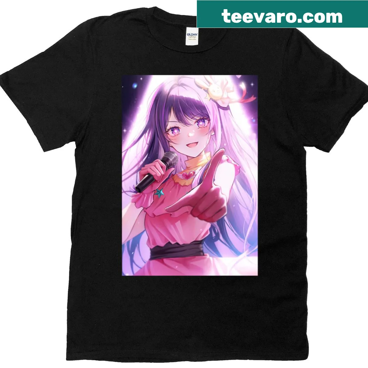Illustration of Ai Hoshino on stage with a voice and light theme — on a men's t-shirt