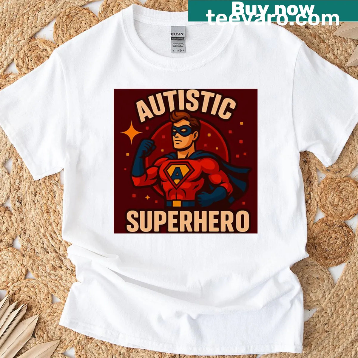 Empowering graphic celebrating autistic individuals as superheroes — on a men's t-shirt