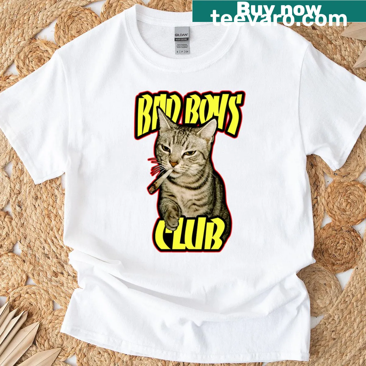 T-shirt featuring cartoon cats with 'Bad Boys Club' text. — on a men's t-shirt