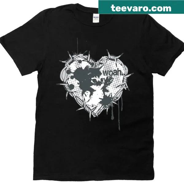 Cat-themed t-shirt with a barbed wire heart and Woah text
