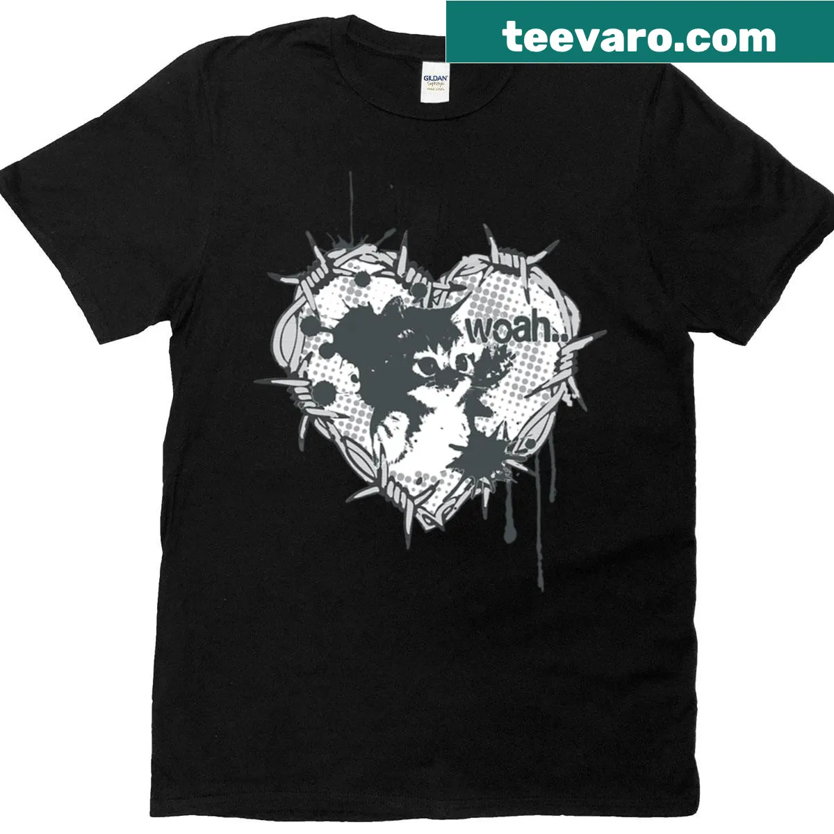 Cat-themed t-shirt with a barbed wire heart and Woah text — on a men's t-shirt