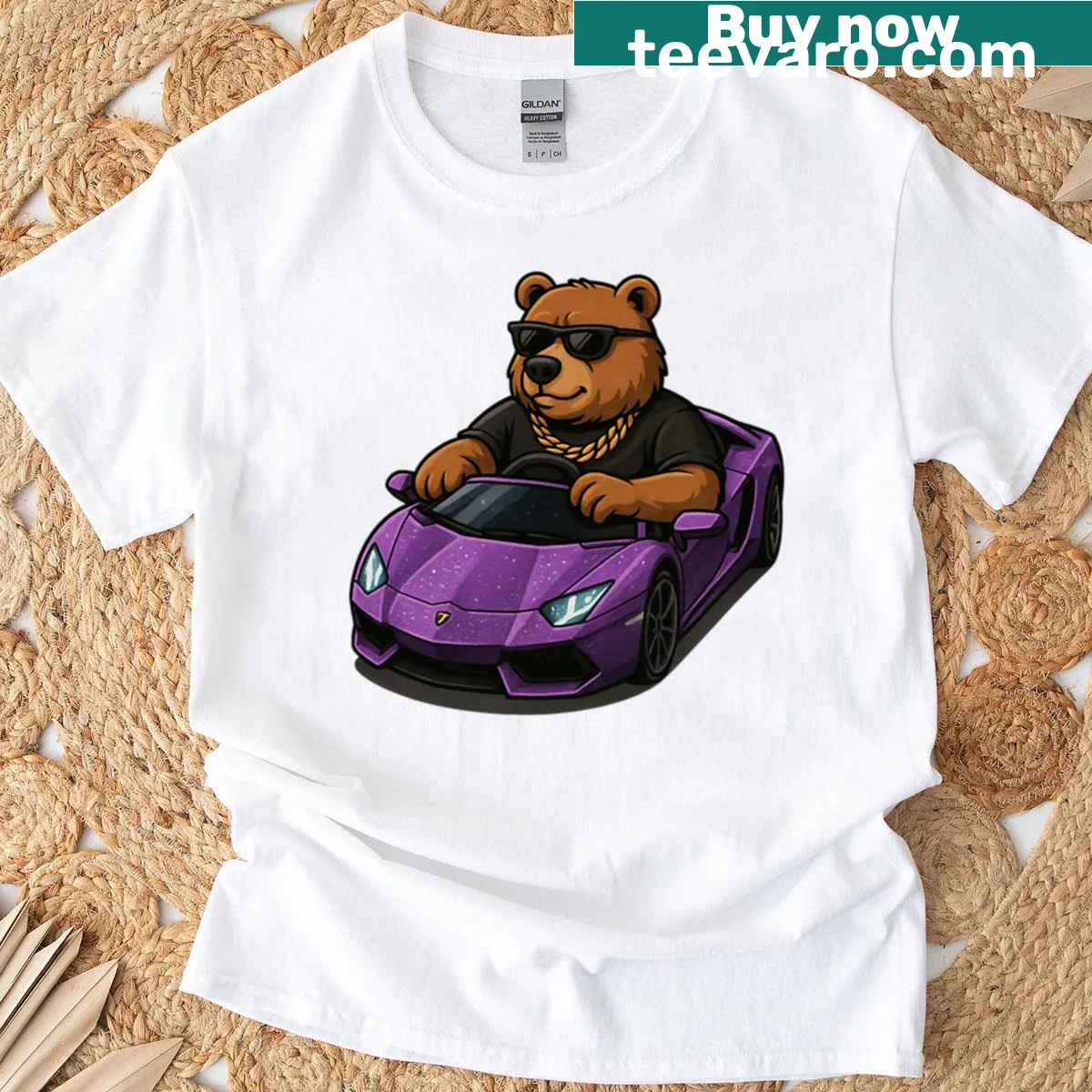 Bear illustration sitting on a Lamborghini on T-shirt — on a men's t-shirt