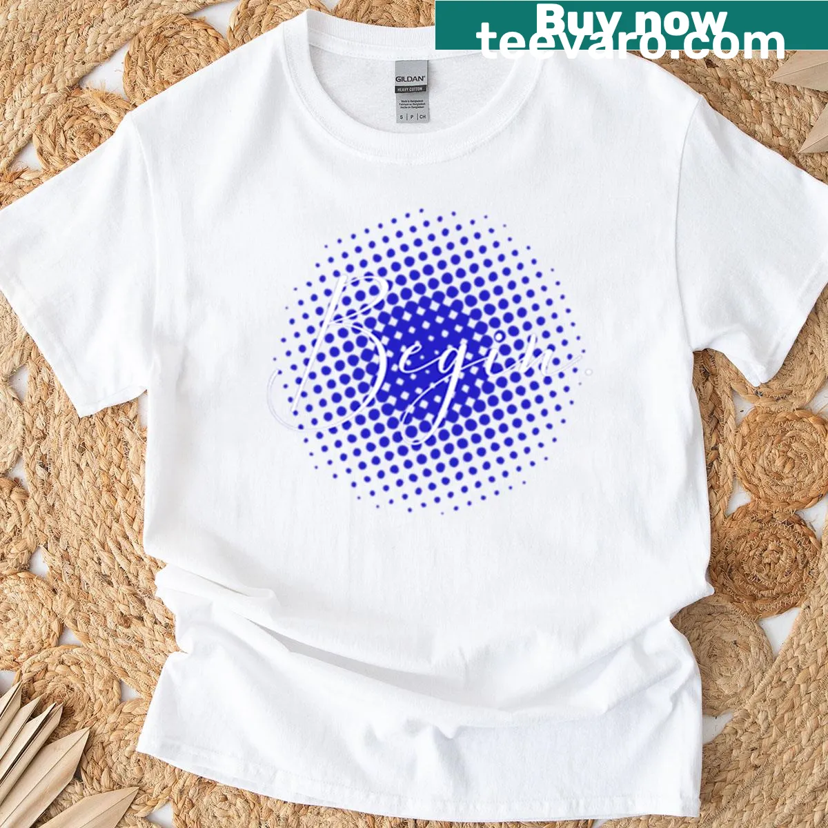 Minimalist 'Begin' typography on a T-shirt — on a men's t-shirt