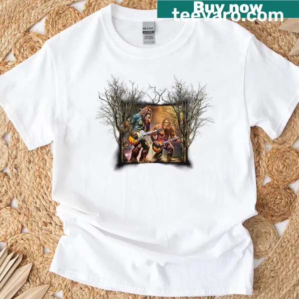 Cartoon Bigfoot duo playing guitars in the woods graphic