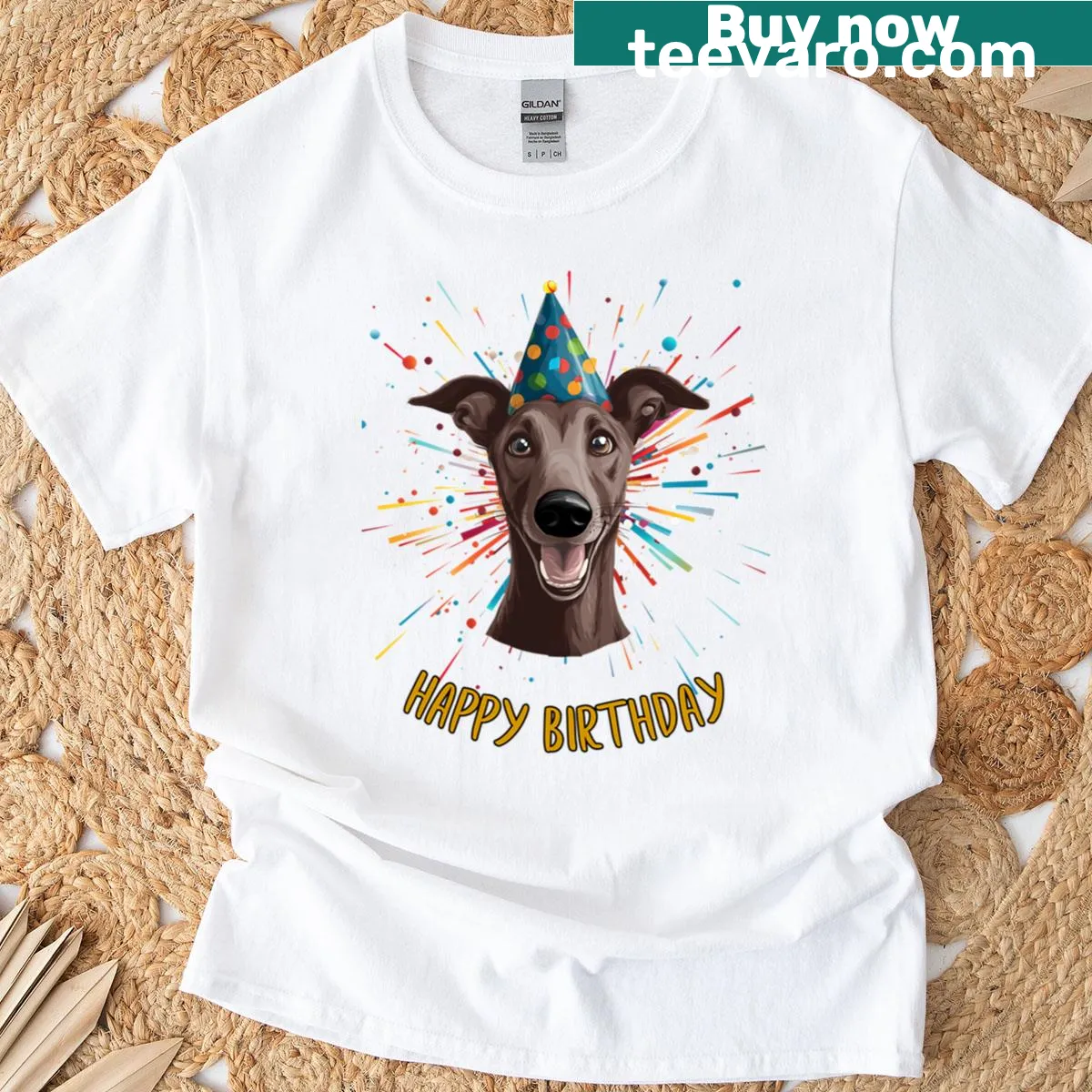 Oversized T-shirt with a happy birthday greyhound illustration — on a men's t-shirt