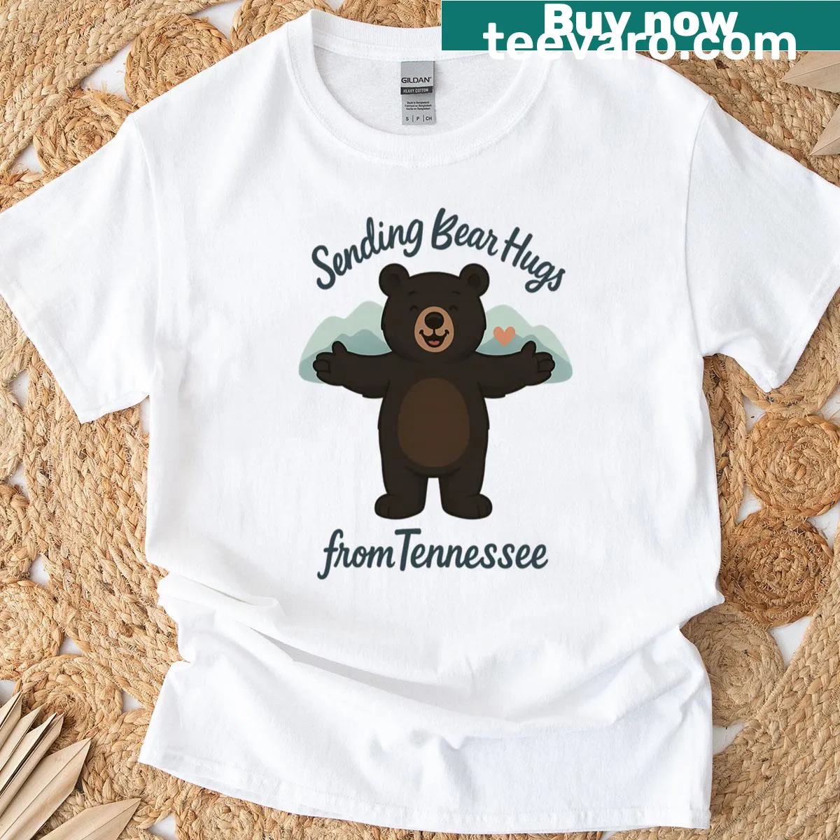 T-shirt with a black bear illustration and 'Sending Hugs From The Smokies' text — on a men's t-shirt