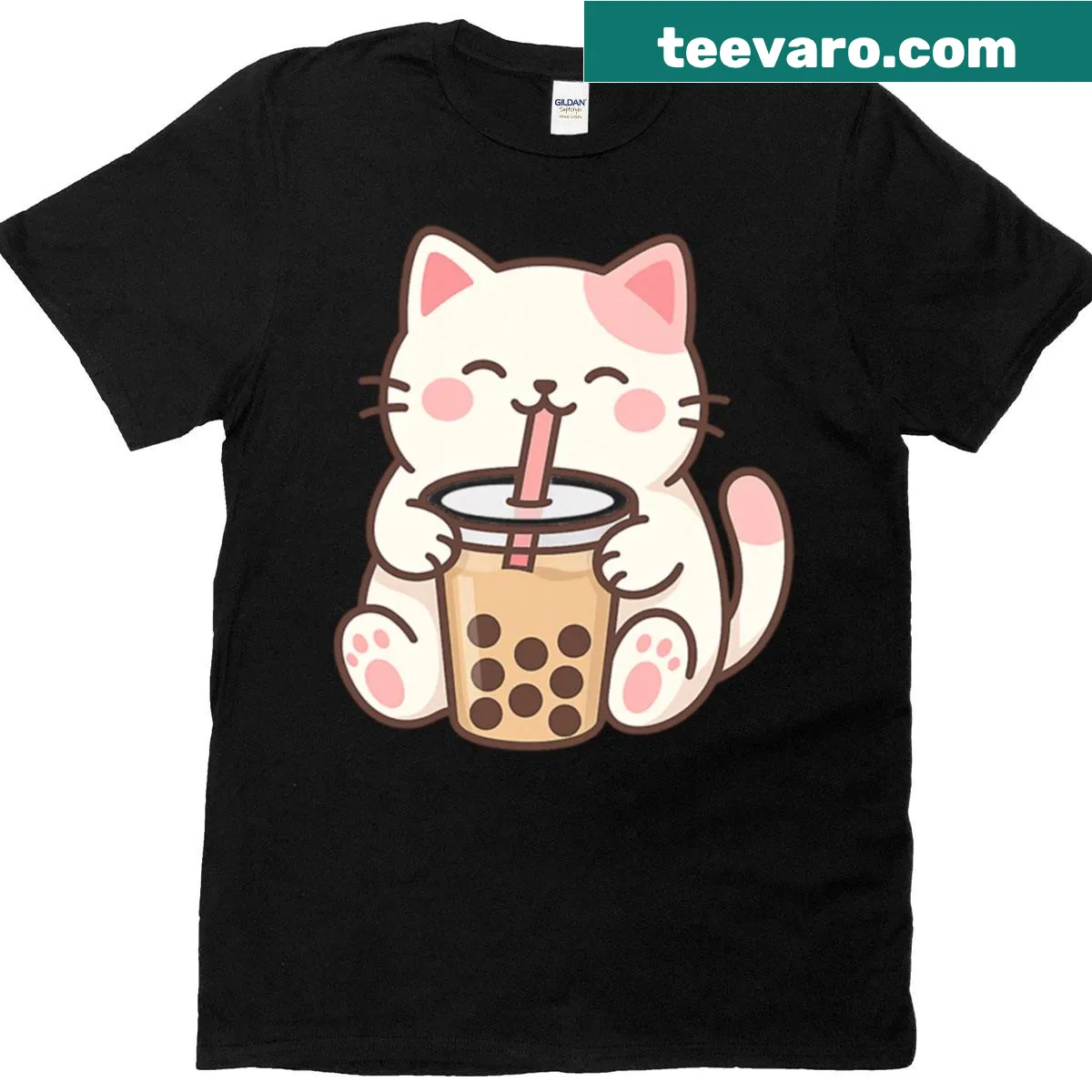Kawaii T-shirt featuring a boba cat design — on a men's t-shirt