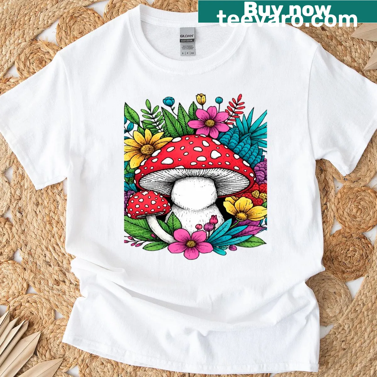 Boho illustration of magic mushrooms and flowers on a t-shirt — on a men's t-shirt