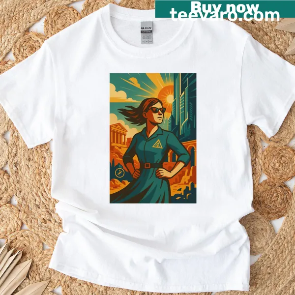 Retro illustration of a bold woman in futuristic sunglasses on a t-shirt