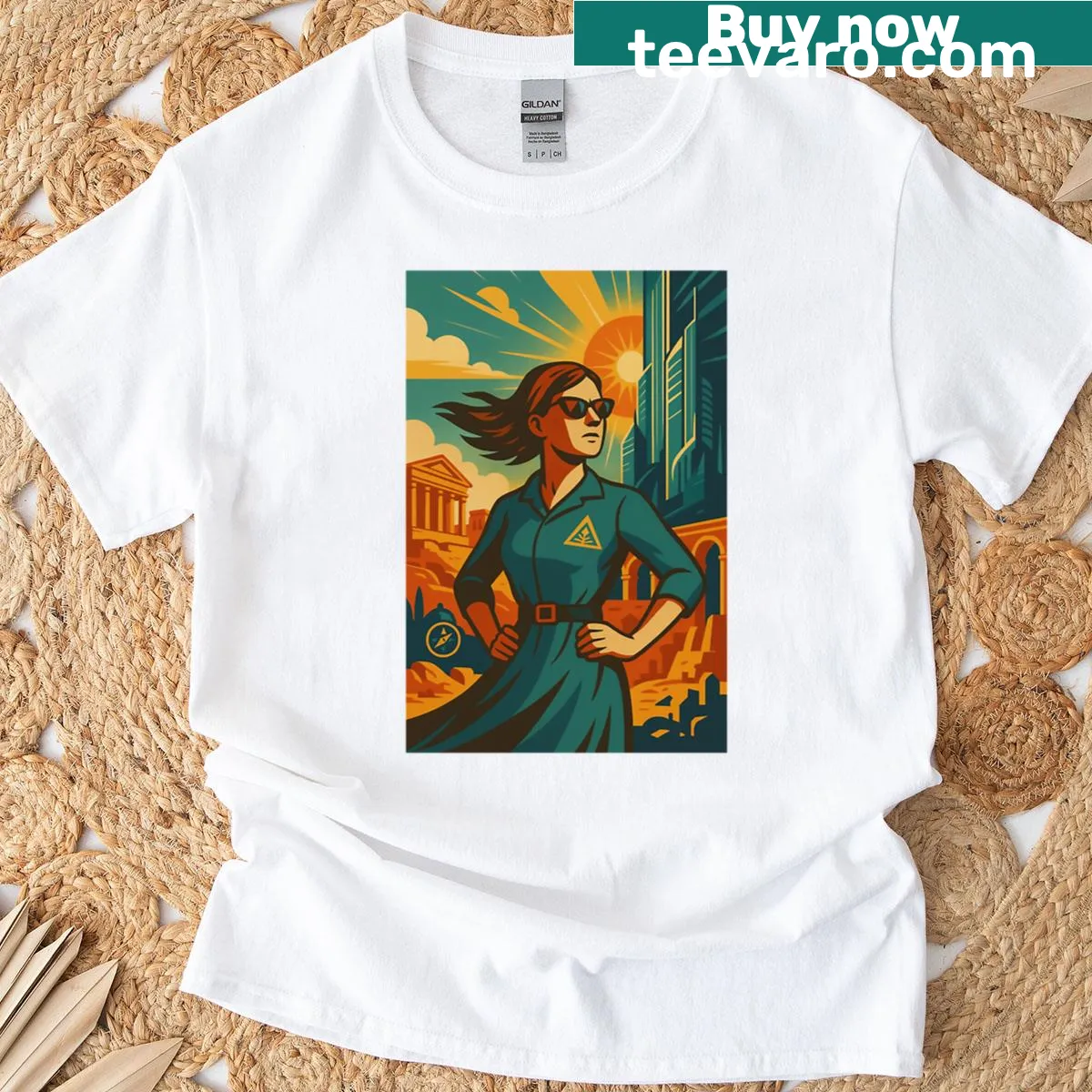 Retro illustration of a bold woman in futuristic sunglasses on a t-shirt — on a men's t-shirt