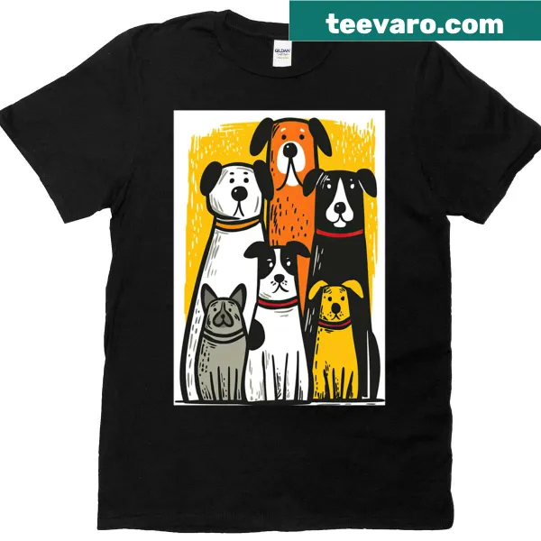 Stylish T-shirt depicting dogs in line formation with bold outlines