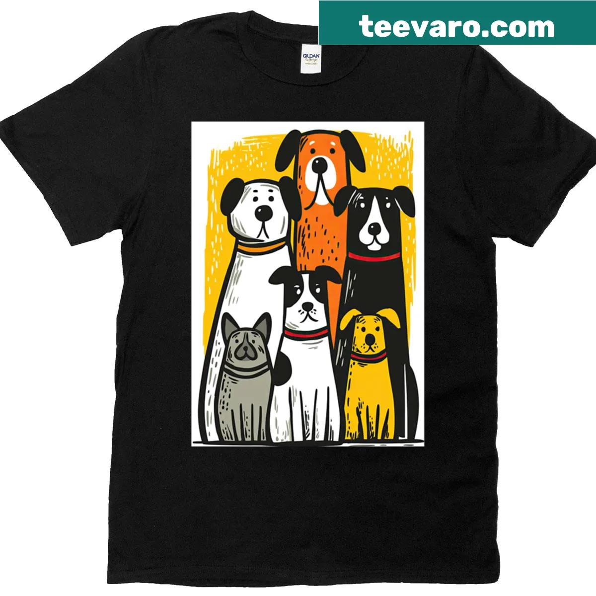 Stylish T-shirt depicting dogs in line formation with bold outlines — on a men's t-shirt