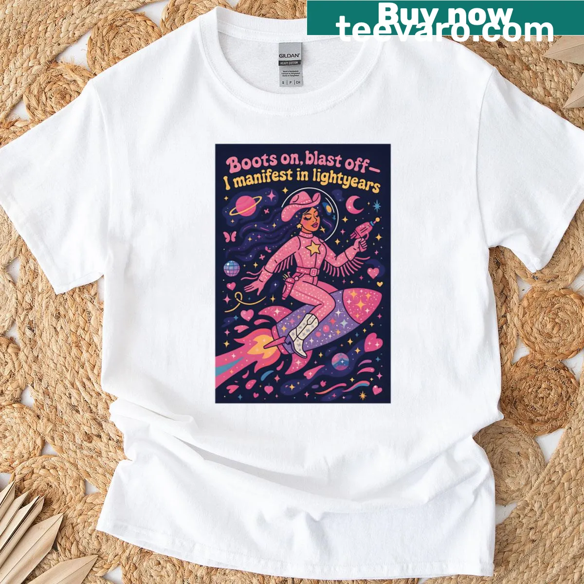 Playful design of boots and text 'I Manifest In Lightyears' on t-shirt — on a men's t-shirt