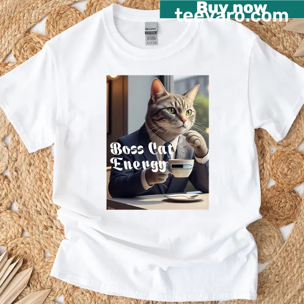Bold 'Boss Cat Energy' text on an oversized T-shirt
