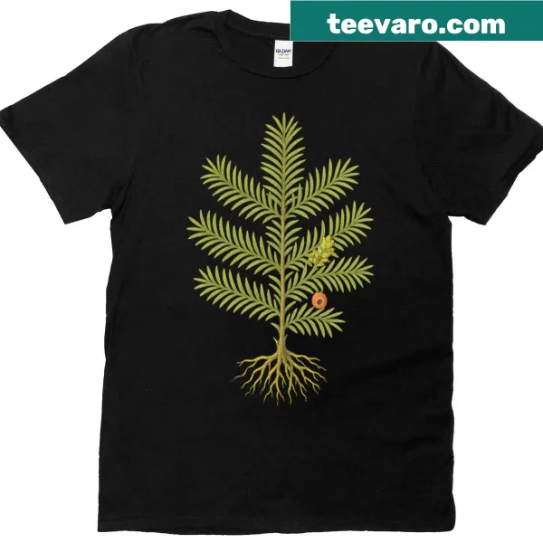 Illustrative T-shirt featuring a botanical study of a yew tree