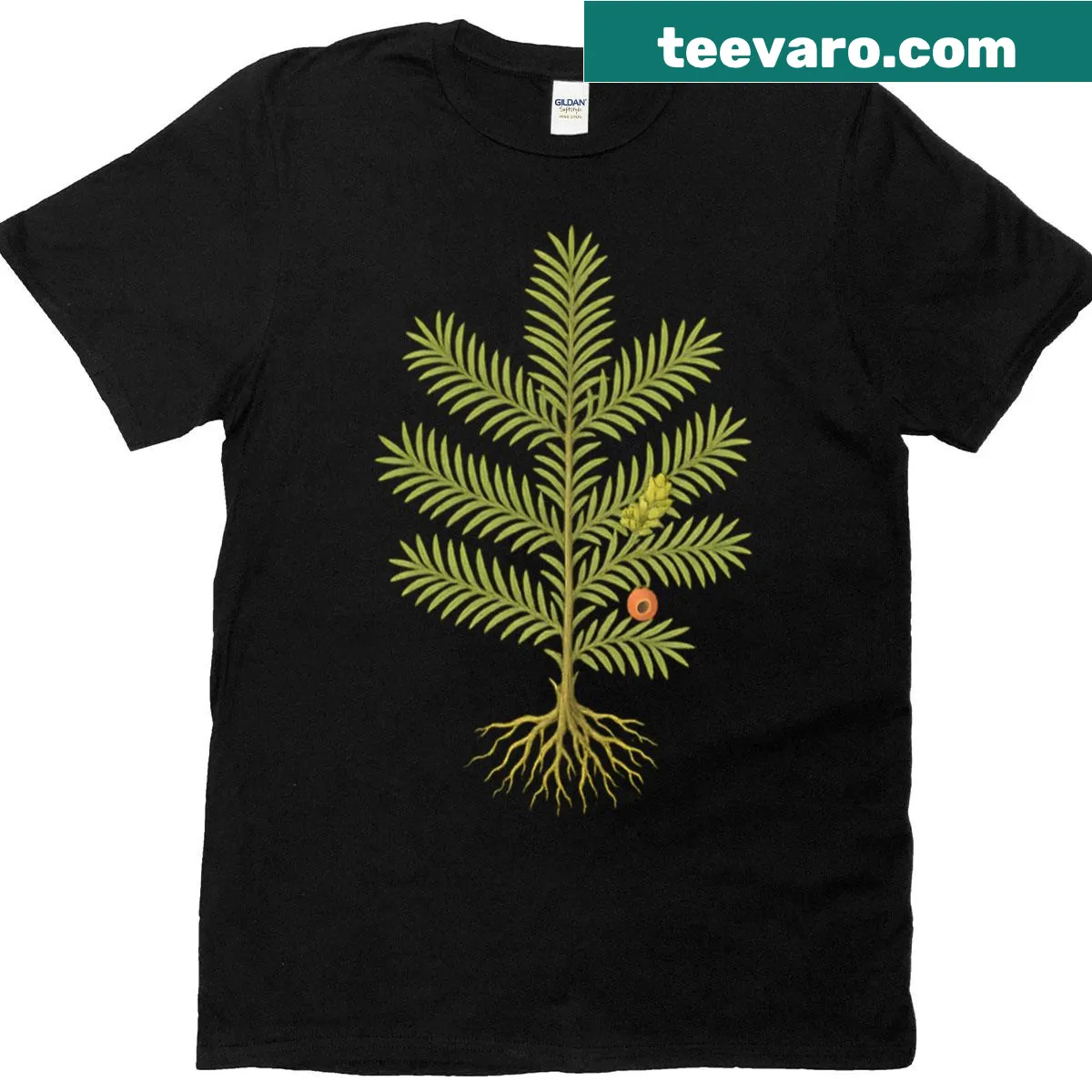 Illustrative T-shirt featuring a botanical study of a yew tree — on a men's t-shirt