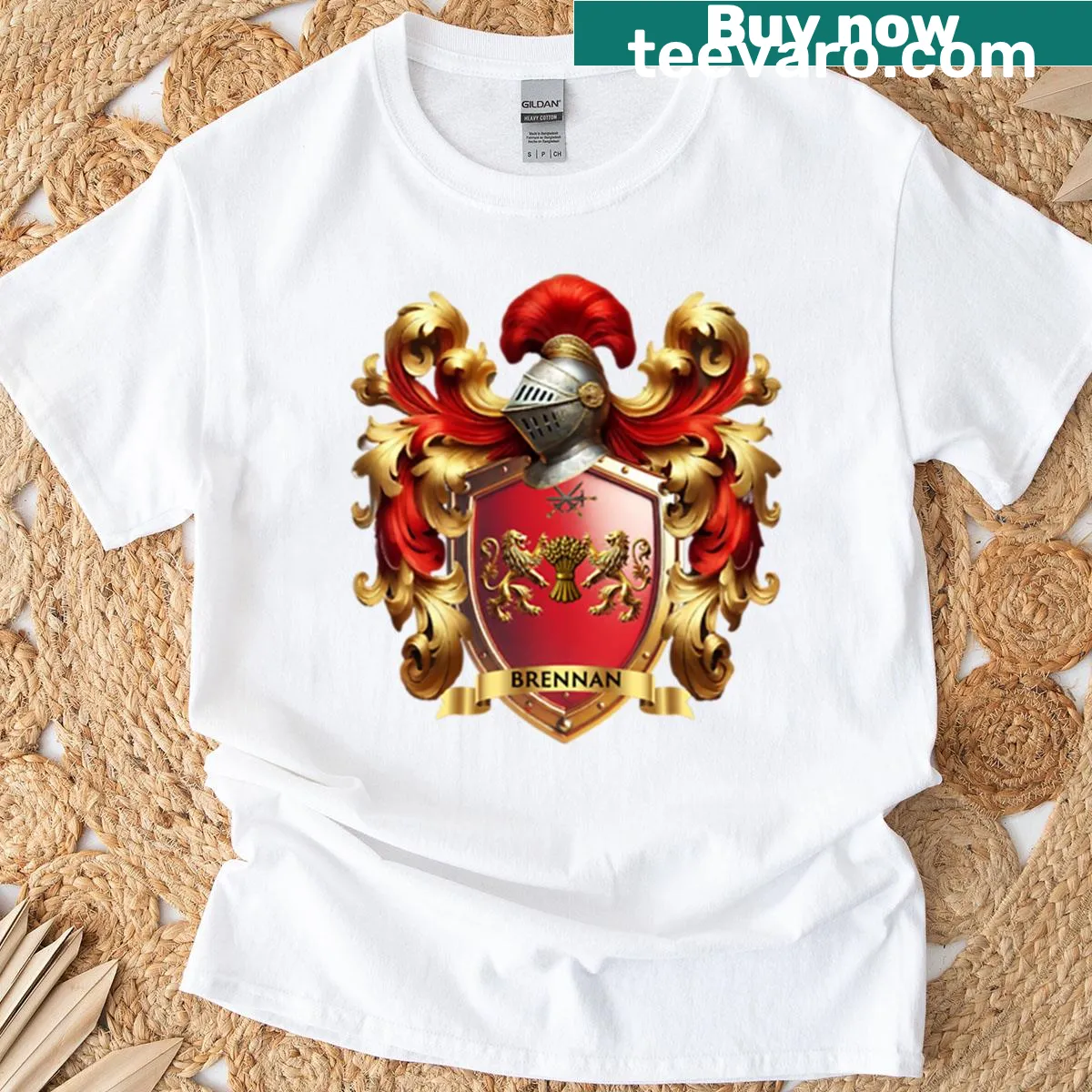 Irish Brennan family crest T-shirt with red shield and lions. — on a men's t-shirt