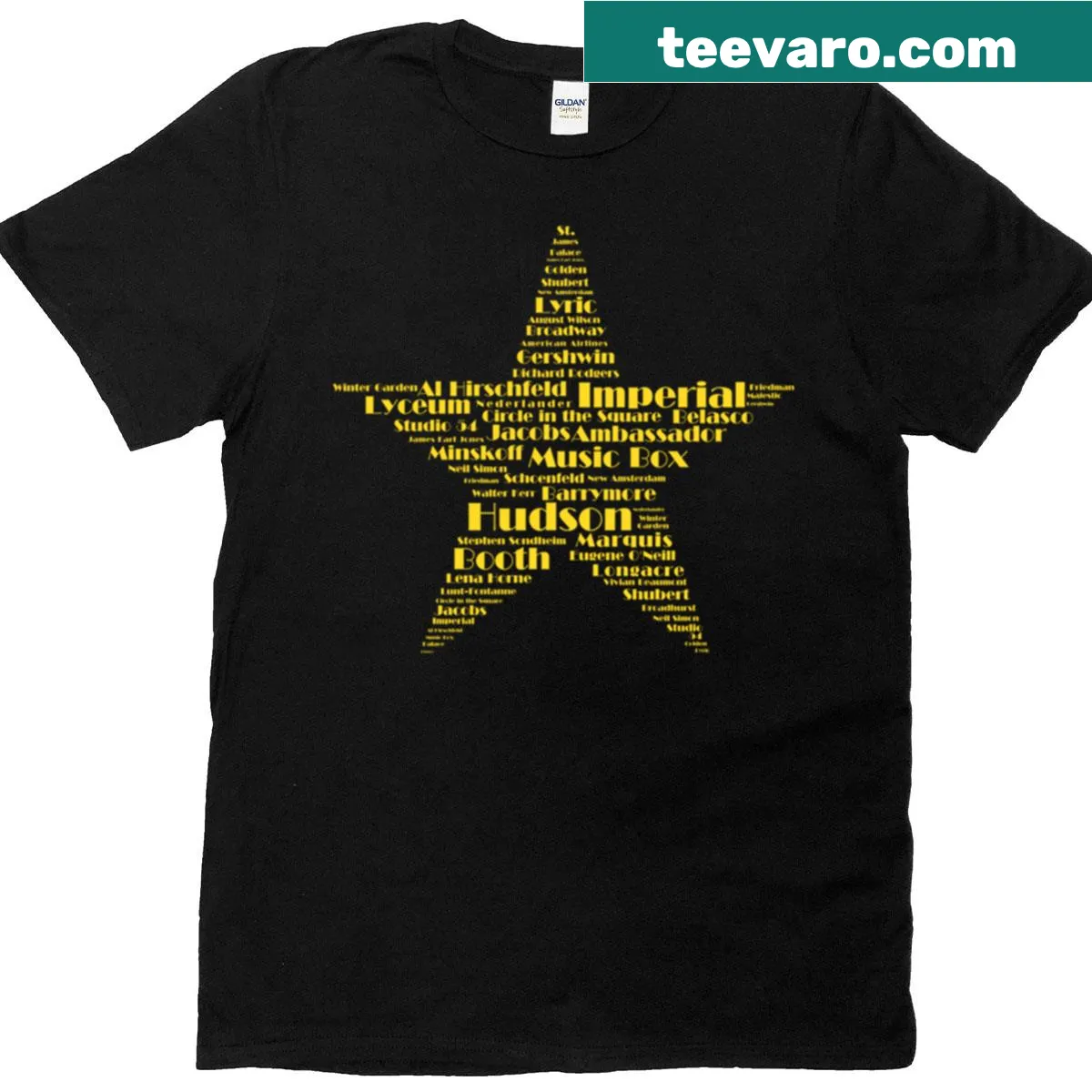 T-shirt with graphic of Broadway theater houses. — on a men's t-shirt