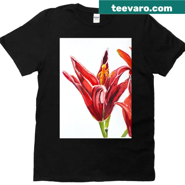 Illustrated T-shirt featuring a burgundy lily design