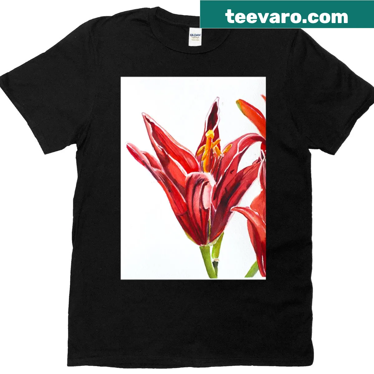 Illustrated T-shirt featuring a burgundy lily design — on a men's t-shirt