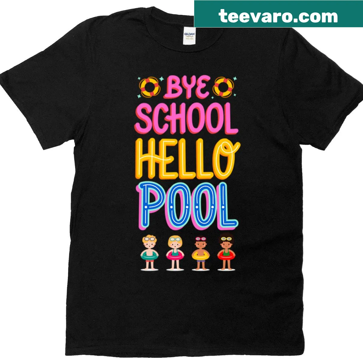 Fun shirt with 'Bye School Hello Pool' phrase — on a men's t-shirt