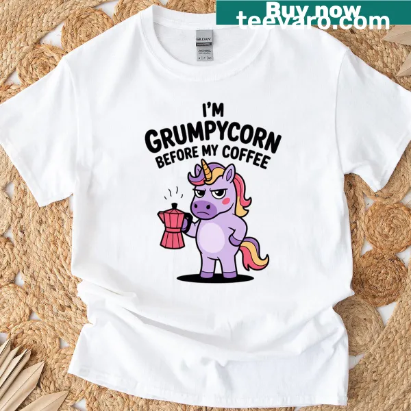 Caffeine Unicorn t-shirt with a cute cartoon design