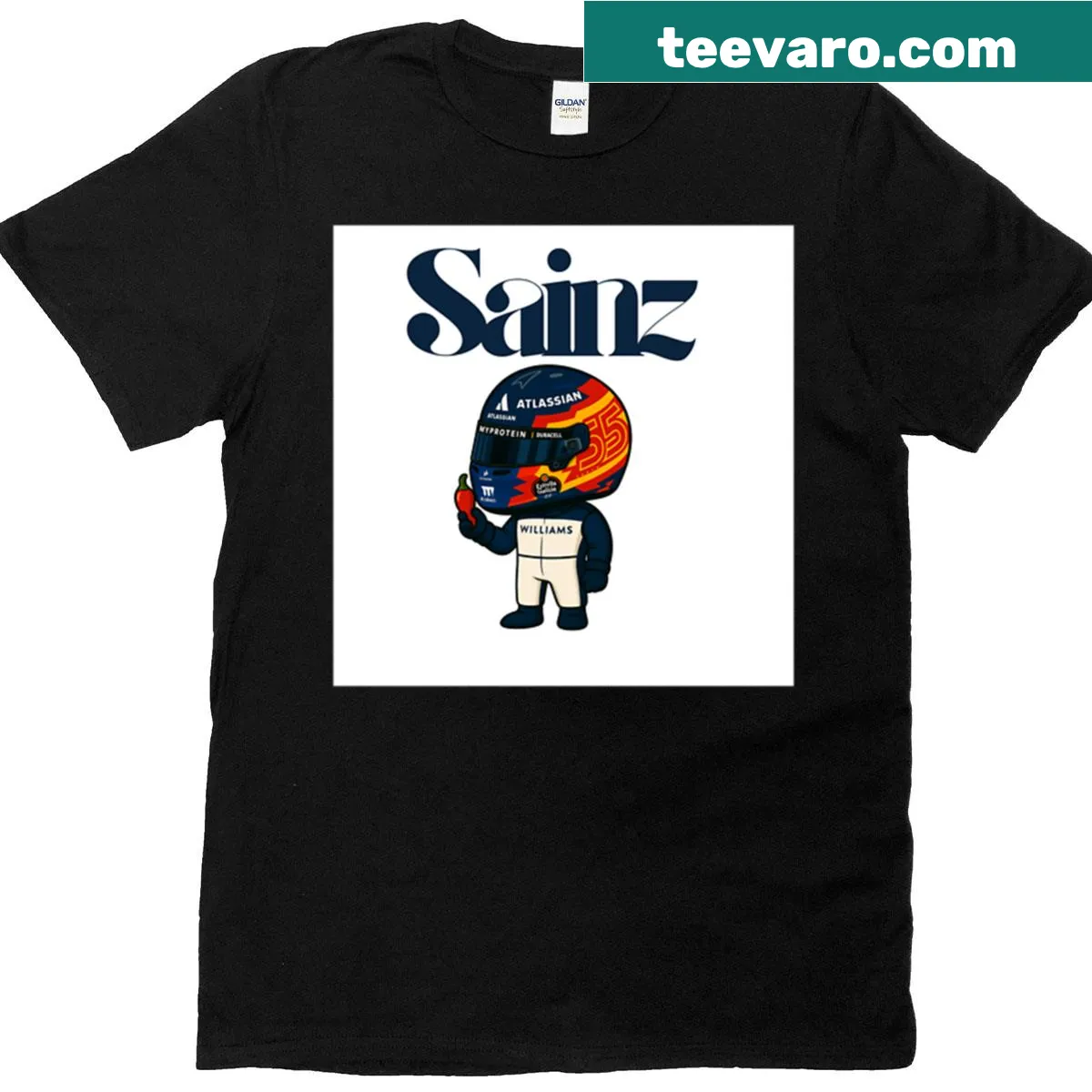Chibi Carlos Sainz T-shirt in Williams racing style — on a men's t-shirt
