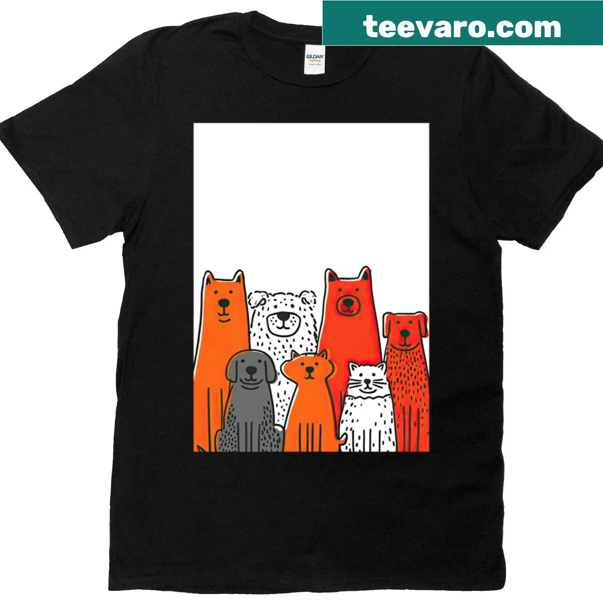 Line drawing t-shirt featuring diverse cartoon-style dogs — on a men's t-shirt